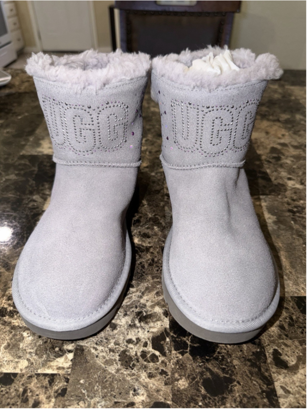 UGG CLASSIC UGG GEM MINI GREY SOFT SUEDE FAUX FUR STUDS BOOTS SIZE US 5